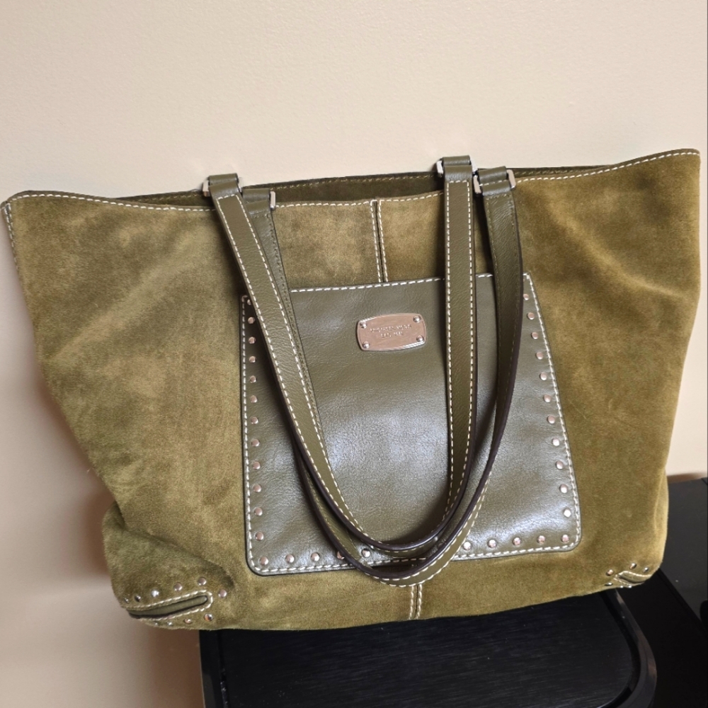 Michael Kors suede tote, Olive green, 14.25" long, 6.5" wide, 12" tall
